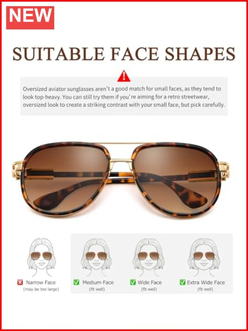 Retro Oversized Aviator Sunglasses Metal Double Bridge UV Protection